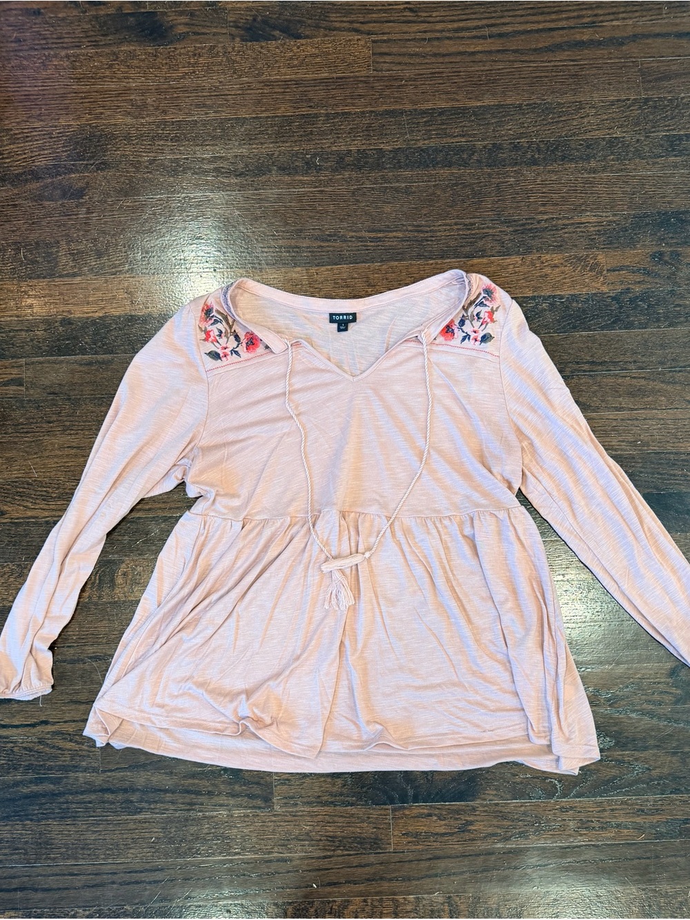 Torrid Pink Embroidered Peplum Tie-neck Top